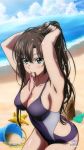  adjusting_hair armpits arms_up beach breasts brown_hair bucket cleavage cloud cloudy_sky competition_swimsuit green_eyes highres kirasaka_sayaka long_hair looking_at_viewer medium_breasts mouth_hold ocean official_art one-piece_swimsuit ribbon ribbon_in_mouth sand_castle sand_sculpture sidelocks sky starfish strap_gap strike_the_blood swimsuit tsurime v-shaped_eyebrows wet 