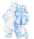  1girl animal bare_legs bear blue_eyes blue_hair dress flower highres light_blue_hair lily_of_the_valley long_hair long_sleeves nanakoori_(xenoblade) older polar_bear signature simple_background smile sou_(pale_1080) white_background white_footwear xenoblade_(series) xenoblade_2 