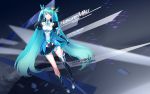  1girl absurdres asymmetrical_legwear black_gloves black_legwear black_skirt blue_eyes blue_hair blurry character_name closed_mouth copyright_name crown elbow_gloves floating_hair gloves hair_between_eyes hair_ornament hatsune_miku highres huge_filesize kneehighs leotard long_hair looking_at_viewer lowleg_skirt mini_crown miniskirt pleated_skirt samanta shiny shiny_hair single_kneehigh single_thighhigh skirt solo thighhighs twintails very_long_hair vocaloid 