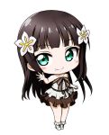  1girl bangs bare_arms bare_shoulders black_hair boots bow brown_bow brown_skirt chibi closed_mouth collarbone eyebrows_visible_through_hair flower full_body green_eyes hair_flower hair_ornament kuena kurosawa_dia long_hair love_live! love_live!_sunshine!! mole mole_under_mouth pleated_skirt shirt simple_background skirt smile solo standing strapless striped striped_bow very_long_hair white_background white_flower white_footwear white_shirt 