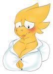  alphys anthro big_breasts blush breasts bust_portrait cleavage clothed clothing coat eyewear female glasses hi_res lab_coat looking_down non-mammal_breasts portrait reptile scalie sharp_teeth solo spamjamz straining_buttons teeth topwear undertale video_games 