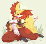  anthro breasts buxbi canid canine delphox female fire front_view fur hi_res looking_at_viewer mammal nintendo nipples pok&eacute;mon pok&eacute;mon_(species) red_body red_eyes red_fur smile solo video_games yellow_body yellow_fur 