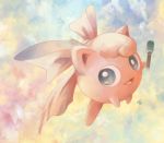  :d blue_eyes cloud cloudy_sky commentary_request creature day full_body gen_1_pokemon golden_boden hair_ribbon happy holding holding_microphone jigglypuff microphone no_humans open_mouth pink_ribbon pokemon pokemon_(creature) ribbon signature sky smile solo 