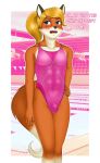  2019 2020 absurd_res anthro biped blonde_hair blue_eyes blush buffbumblebee bulge canid canine clothed clothing crossdressing digital_drawing_(artwork) digital_media_(artwork) eyebrows eyelashes fingers fox front_view fur girly hair hi_res male mammal one-piece_swimsuit open_mouth ponytail solo sport_swimsuit standing swimwear text tight_clothing 
