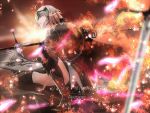  1girl armor armored_boots armored_dress banner black_cape black_dress black_legwear blurry_foreground boots cape character_name dress eyebrows_visible_through_hair fate/grand_order fate_(series) faulds full_body grin headpiece highres holding jeanne_d&#039;arc_(alter)_(fate) jeanne_d&#039;arc_(fate)_(all) profile short_hair silver_hair smile solo squatting sword thighhighs weapon yellow_eyes yuan_long 