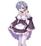  1girl akiba_nagito apron black_sleeves blue_eyes blue_hair breasts cleavage_cutout closed_mouth detached_sleeves dress dress_lift frilled_dress frills hair_ornament hair_over_one_eye hairband lifted_by_self looking_at_viewer maid medium_breasts medium_dress neck_ribbon re:zero_kara_hajimeru_isekai_seikatsu red_neckwear rem_(re:zero) ribbon short_hair simple_background smile solo standing thighhighs underbust waist_apron white_apron white_background white_hairband white_legwear x_hair_ornament 