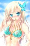  1girl bikini blonde_hair blue_bikini_top blue_eyes boku_wa_tomodachi_ga_sukunai breasts cleavage collarbone covered_nipples front-tie_bikini front-tie_top hair_between_eyes hair_ornament hand_in_hair highres kashiwazaki_sena long_hair looking_at_viewer medium_breasts mouth_hold ribbon sideboob sky solo swimsuit underboob untied untied_bikini upper_body wakaba0801 wet wet_clothes yellow_ribbon 