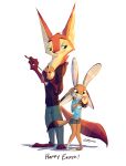  2018 absurd_res anthro barefoot bottomwear brown_body brown_fur brush canid canine cider_(ciderbunart) clothed clothing disney duo easter_egg fake_ears fake_rabbit_ears fox fully_clothed fur green_eyes grin head_tuft hi_res hoodie looking_at_another mammal neck_tuft paintbrush pants pointedfox pointedfox_(character) shirt simple_background smile standing t-shirt topwear tuft white_background zootopia 