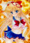  1girl :d ass_visible_through_thighs back_bow bangs bishoujo_senshi_sailor_moon blonde_hair blue_bow blue_eyes blue_sailor_collar blue_skirt blush bow bowtie bra breasts cameltoe choker collarbone cowboy_shot earrings elbow_gloves eyebrows_visible_through_hair floating_hair gloves hair_between_eyes holding holding_eyewear jewelry long_hair looking_at_viewer medium_breasts microskirt midriff navel open_mouth panties pleated_skirt red_bow red_neckwear sailor_collar sailor_venus sample shiny shiny_hair sideboob skirt smile solo standing stomach traditional_media transparent underboob underwear very_long_hair wakaba0801 white_bra white_gloves white_panties 
