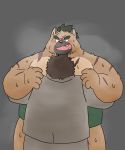  2020 anthro blush bodily_fluids bottomwear brown_body brown_fur canid canine canis chubby_protagonist_(tas) clothing domestic_dog duo fur hi_res hug human humanoid_hands kemono male mammal overweight overweight_male pants protagonist_(tas) scar shirt simple_background sumo sweat tokyo_afterschool_summoners topwear tubz_thapbear12 video_games yasuyori 