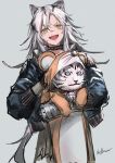  1girl animal animal_costume animal_ears arknights bangs bell choker costume facial_scar fang hair_between_eyes highres holding holding_animal indra_(arknights) infukun jacket long_hair looking_at_viewer mouse_costume nose_scar open_clothes open_mouth scar shirt sidelocks smile solo tiger very_long_hair white_hair yellow_eyes 