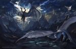  2019 ambiguous_gender claws day detailed_background digital_media_(artwork) dragon duo feral flying hi_res horn membrane_(anatomy) membranous_wings outside scales scalie sky spines standing western_dragon wings yessys 