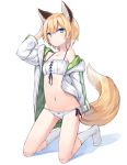  1girl animal_ear_fluff animal_ears arm_up bare_shoulders bikini blonde_hair blue_eyes expressionless extra_ears fox_ears fox_girl fox_tail groin highres jacket kneeling looking_at_viewer navel no_shoes off_shoulder open_clothes open_jacket original poco_(asahi_age) shiratama_kitsune short_hair side-tie_bikini socks solo stomach swimsuit tail thighs white_bikini white_jacket white_legwear 