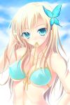  1girl bikini blonde_hair blue_bikini_top blue_eyes boku_wa_tomodachi_ga_sukunai breasts cleavage collarbone covered_nipples front-tie_bikini front-tie_top hair_between_eyes hair_ornament hand_in_hair highres kashiwazaki_sena long_hair looking_at_viewer medium_breasts mouth_hold ribbon sideboob sky solo swimsuit underboob untied untied_bikini upper_body wakaba0801 yellow_ribbon 