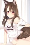  1girl bangs bare_shoulders bed_sheet blush bottomless breasts brown_hair closed_mouth clothes_writing commentary_request english_text eyebrows_visible_through_hair hair_between_eyes hair_brush highres holding_brush long_hair looking_at_viewer medium_breasts mizuki_ryuu off_shoulder original red_eyes shirt short_sleeves solo tail tail_censor white_background white_shirt 