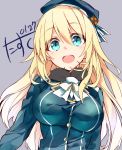  1girl absurdres atago_(kantai_collection) beret black_gloves blonde_hair blue_eyes blush breasts eyebrows_visible_through_hair gloves hair_between_eyes hat highres kantai_collection large_breasts long_hair looking_at_viewer military military_uniform narumiya_(empty_cafe) open_mouth smile solo uniform 