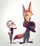  2018 absurd_res armor barefoot bottomwear brown_eyes canid canine cider_(ciderbunart) clothing disney duo eye_contact fox gesture green_eyes headgear helmet hi_res holding_object jacket lagomorph leporid looking_at_another mammal pants pointedfox pointedfox_(character) rabbit simple_background standing thumbs_up topwear zootopia 
