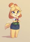  2019 absurd_res animal_crossing anthro barefoot blush bottomwear brown_eyes canid canine canis clothed clothing domestic_dog female fully_clothed fur hi_res holding_object isabelle_(animal_crossing) light lighting mammal nintendo open_mouth open_smile pencil_(object) pointedfox shih_tzu simple_background skirt smile solo standing tan_background toy_dog video_games yellow_body yellow_fur 