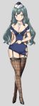  1girl bangs bare_shoulders black_legwear blue_headwear breasts commentary_request eyebrows_visible_through_hair flight_attendant green_hair hat long_hair looking_at_viewer medium_breasts original simple_background solo thighhighs tyone white_background white_headwear 