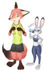  2020 anthro barefoot beverage bodily_fluids bottomwear canid canine cheek_tuft clothed clothing crop_top dipstick_ears disney drinking duo facial_tuft fox fully_clothed fur gloves_(marking) green_eyes grey_body grey_fur hi_res holding_beverage holding_object judy_hopps lagomorph leg_markings leporid mammal markings midriff multicolored_ears navel neck_tuft nick_wilde orange_body orange_fur rabbit red_fox shirt shorts simple_background socks_(marking) standing sweat sweatdrop swetpot t-shirt topwear towel tuft water white_background zootopia 