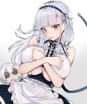  1girl anchor apron azur_lane bangs bare_shoulders black_skirt breasts commentary_request covering covering_breasts cowboy_shot dido_(azur_lane) doll eyebrows_visible_through_hair frilled_apron frills gradient gradient_background grey_background hairband kasuka_(kusuki) large_breasts long_hair looking_at_viewer open_mouth red_eyes shirt sidelocks silver_hair skirt sleeveless sleeveless_shirt solo tears waist_apron white_apron white_background white_shirt 