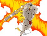  angel anthro armor big_muscles clothing feathered_wings feathers felid fire headgear helmet hi_res lion loincloth male mammal megawaffle_(artist) melee_weapon midas_(megawaffle) muscular nipples pantherine pecs solo sword weapon wings 