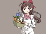  1girl adrian_ferrer basket brown_hair carrot commentary cowboy_shot english_commentary flat_chest flower grey_background hair_ornament hair_ribbon hairclip kantai_collection kappougi long_hair looking_at_viewer machinery mamiya_(kantai_collection) onion red_eyes ribbon simple_background smile solo 