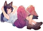  1girl alternate_costume animal_ears armpits arms_behind_head arms_up bangs bare_arms bare_shoulders black_hair blunt_bangs breasts brown_footwear commentary_request crossed_legs full_body imaizumi_kagerou long_hair looking_at_viewer lying medium_breasts on_back onion_(onion_and_pi-natto) pants pink_eyes red_pants shirt shoes simple_background sleeveless sleeveless_shirt solo touhou white_background white_shirt wolf_ears 