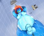  2020 anthro balls big_balls big_penis blue_body blue_skin breasts detailed_background dustin_(sfd) genitals green_tongue gynomorph hair highlights_(coloring) humanoid_penis intersex nipples orange_hair overweight overweight_gynomorph overweight_intersex penis purple_highlights shadowfirdark shower showering signature soap thick_thighs tongue water wide_hips 