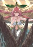  1girl breasts brown_eyes cleavage granblue_fantasy hand_on_own_chest highres leaf leaf_on_head long_hair midriff navel pink_hair pointy_ears quad_tails rock seyana signature very_long_hair yggdrasil_(granblue_fantasy) 