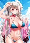  1girl ahoge alternate_costume arm_up armpits azur_lane bangs bikini blonde_hair blue_bikini blush braid breasts choker cleavage closed_mouth cloud commentary cowboy_shot day double_bun eyebrows_visible_through_hair feather_boa formidable_(azur_lane) formidable_(the_lady_of_the_beach)_(azur_lane) highres large_breasts long_hair looking_at_viewer navel open_mouth outdoors red_eyes revision ribbon sidelocks smile solo standing swimsuit very_long_hair z-rq 