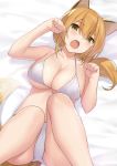  1girl animal_ears ass bare_legs bare_shoulders bed_sheet bikini blonde_hair breasts cccpo cleavage collarbone commentary_request fang fox_ears fox_girl fox_tail green_eyes halter_top halterneck hands_up highres knees_up large_breasts long_hair looking_at_viewer low_ponytail lying on_back open_mouth original paw_pose solo swimsuit tail white_bikini 