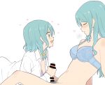  2girls :d aqua_hair bang_dream! bar_censor blue_bra blush bottomless bow bra breasts censored closed_eyes collared_shirt futa_with_female futanari green_eyes hair_bow handjob heart heavy_breathing hikawa_hina hikawa_sayo incest long_hair long_sleeves looking_at_another medium_breasts multiple_girls navel open_mouth penis precum pubic_hair purple_bra reclining shibasaki_shouji shirt short_hair siblings side_braids simple_background sisters smile sweat twins underwear white_background white_shirt yellow_bow 