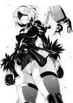  1girl amano_don bangs black_dress blindfold boots breasts cleavage_cutout covered_eyes dress feather-trimmed_sleeves feather_trim greyscale hairband highleg highleg_leotard highres juliet_sleeves katana large_breasts leotard long_sleeves mole mole_under_mouth monochrome nier_(series) nier_automata pod_(nier_automata) puffy_sleeves short_dress short_hair simple_background sword thigh_boots thighhighs thighhighs_under_boots thighs weapon white_background white_hair yorha_no._2_type_b 