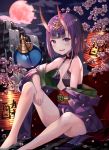  1girl :d bangs bare_shoulders barefoot blunt_bangs blush breasts cherry_blossoms cloud collarbone commentary_request eyebrows_visible_through_hair fangs fate/grand_order fate_(series) flower full_moon gourd headpiece highres horns japanese_clothes kimono knee_up lantern long_sleeves looking_at_viewer moon night night_sky obi off_shoulder oni oni_horns open_mouth paper_lantern petals pink_flower purple_eyes purple_hair purple_kimono revealing_clothes ruda_(ruda_e) sash shallow_water short_eyebrows shuten_douji_(fate/grand_order) sitting sky small_breasts smile solo thick_eyebrows upper_teeth v-shaped_eyebrows water waterfall 