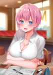 1girl :d bangs bar beige_cardigan blue_eyes blurry blurry_background blush book breast_hold breasts buttons cardigan_around_waist ceiling chair cleavage collarbone collared_shirt commentary_request crossed_arms ear_blush eraser eyebrows_visible_through_hair floor go-toubun_no_hanayome hair_between_eyes highres indoors lamp large_breasts lavender_hair looking_at_viewer nakano_ichika open_book open_mouth paper pen pencil_case piyopoyo restaurant ruler shadow shirt short_hair short_sleeves sidelocks smile solo stool table textbook twitter_username upper_body white_shirt window wooden_table zipper 