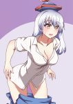  1girl absurdres bangs blue_headwear blue_skirt blush breasts brown_eyes cleavage collarbone commentary_request cowboy_shot eyebrows_visible_through_hair grey_background hair_between_eyes highres kamishirasawa_keine large_breasts leaning_forward long_hair looking_at_viewer open_mouth purple_background shirt short_sleeves silver_hair skirt skirt_pull solo standing suwaneko sweat thighs touhou two-tone_background white_shirt 