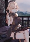  1girl alternate_costume arm_strap bangs bare_legs bare_shoulders black_gloves black_ribbon blonde_hair blush bow bowtie braid breasts brown_bow brown_dress china_dress chinese_clothes chinese_commentary commentary_request covered_navel crossed_legs dress eyebrows_visible_through_hair fan fog folding_fan girls_frontline gloves hair_intakes hair_ornament hair_ribbon hairclip half_gloves highres holding holding_fan index_finger_raised lake large_breasts long_hair looking_at_viewer mountainous_horizon ots-14_(girls_frontline) overcast pelvic_curtain ribbon ru_zhai shadow side_braid side_slit sideboob sitting sleeveless sleeveless_dress smile solo teapot thigh_strap transmission_tower tray tree yellow_eyes 