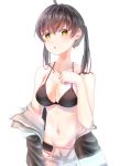  1girl absurdres ahoge baggy_pants bangs bare_shoulders bikini black_bikini black_bikini_top black_coat black_hair blush breasts cleavage coat collarbone commentary cowboy_shot crossed_bangs en&#039;en_no_shouboutai eyebrows_visible_through_hair grey_pants groin hand_on_own_chest highres hip_vent looking_at_viewer medium_breasts midriff navel off-shoulder_jacket open_clothes open_coat pants signature simple_background solo swimsuit tamaki_kotatsu triangle_mouth tung_tung twintails white_background yellow_eyes 