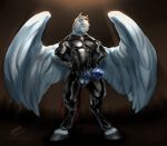  anatomically_correct anatomically_correct_genitalia anatomically_correct_penis animal_genitalia animal_penis anthro balls blue_penis bodysuit clothed clothing equid equine equine_penis erection feathered_wings feathers flared_penis genitals hair hands_on_hips hi_res hooves laser_(artist) looking_at_viewer male mammal mane medial_ring muscular muscular_male orange_hair penis penis_through_fly poking_out pterippus rubber rubber_suit sharpstallion sheath skinsuit solo standing tight_clothing wings zipper 