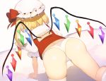  1girl absurdres all_fours ass asymmetrical_legwear back bare_arms bare_legs blonde_hair bow crawling dutch_angle facing_away flandre_scarlet frilled_sleeves frills from_behind hat hat_ribbon highres ikasoba medium_hair midriff_peek mob_cap no_pants one_side_up panties puffy_short_sleeves puffy_sleeves red_bow red_ribbon red_vest ribbon shirt short_sleeves single_thighhigh skindentation socks solo thighhighs touhou underwear upshirt vest white_legwear white_panties white_shirt wings 