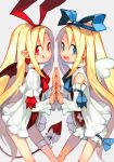  1girl bare_legs bat_wings blonde_hair blue_eyes bow demon_girl demon_tail detached_sleeves disgaea dual_persona earrings flonne flonne_(fallen_angel) hankuri jewelry leotard long_hair looking_at_viewer makai_senki_disgaea open_mouth pointy_ears red_eyes red_leotard ribbon simple_background smile tail tail_bow wings 