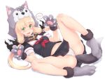  1girl :d anal anal_object_insertion anal_tail black_ribbon black_serafuku blonde_hair blush dan_(kumadan) fake_tail fur-trimmed_gloves fur_trim gloves gradient_hair green_eyes hair_between_eyes hair_ornament hair_ribbon kantai_collection long_hair multicolored_hair navel object_insertion open_mouth panties paw_gloves paws ribbon school_uniform serafuku smile solo straight_hair tail underwear wolf_hat wolf_tail yuudachi_(kantai_collection) 