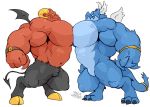  angel anthro big_muscles demon dragon duo feathered_wings feathers frown gai hi_res hooves horn male megawaffle_(artist) muscular pecs scalie small_wings tarchon wings 