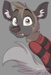  2019 aggressive_retsuko anthro black_body black_fur black_nose brown_body brown_eyes brown_fur clothed clothing fur grey_background haida head_tuft hi_res hyaenid inner_ear_fluff mammal meowmavi open_mouth sanrio simple_background solo spotted_hyena tuft 