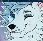  2020 anthro blue_eyes bust_portrait canid canine digital_media_(artwork) fimbul fur hair male mammal one_eye_closed portrait simple_background smile solo teeth the_fimbul_pack wink 