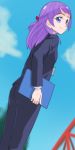  1girl blue_eyes blue_sky closed_mouth cloud day formal haruyama_kazunori kaguya_madoka long_sleeves looking_at_viewer older outdoors precure purple_hair short_hair sky solo standing star_twinkle_precure suit 