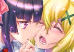  1000 2girls akatsuki_kirika black_hair blonde_hair blush closed_eyes hair_ornament hairclip holding_hands imminent_kiss looking_at_another multiple_girls open_mouth red_eyes senki_zesshou_symphogear shiny shiny_hair simple_background tears teeth tongue tsukuyomi_shirabe white_background yuri 