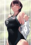  1girl bangs bare_shoulders black_hair black_swimsuit blush breasts competition_swimsuit jonsun large_breasts long_hair looking_at_viewer off_shoulder one-piece_swimsuit open_mouth original purple_eyes solo swimsuit wet 