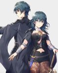  1boy 1girl armor back-to-back black_cape black_shorts blue_eyes blue_hair breasts brown_legwear byleth_(fire_emblem) byleth_(fire_emblem)_(female) byleth_(fire_emblem)_(male) cape closed_mouth commentary_request cowboy_shot eyebrows_visible_through_hair fire_emblem fire_emblem:_three_houses grey_background hair_between_eyes height_difference highres kikugetsu long_hair looking_at_viewer looking_back medium_breasts navel pantyhose parted_lips serious short_shorts shorts shoulder_armor simple_background thigh_gap v-shaped_eyebrows wrist_guards 